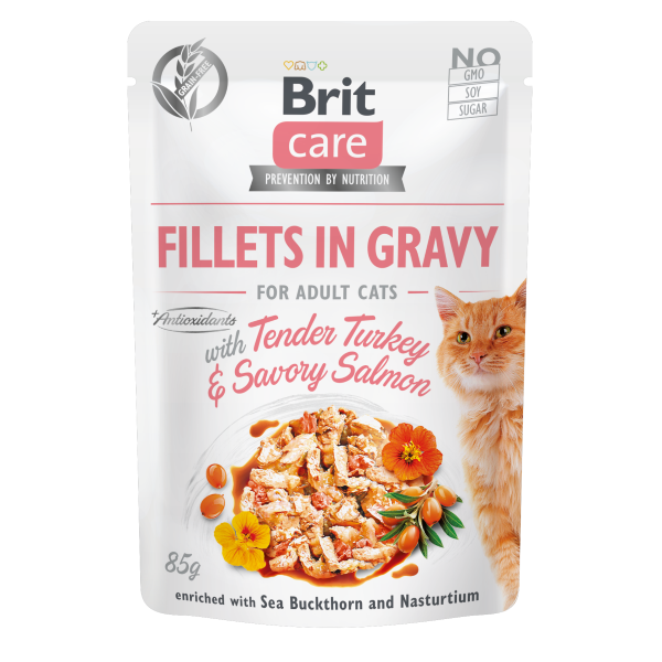 Brit Care Cat Pouches for Adult with Tender Turkey And Savory Salmon 85G (24PZ)
